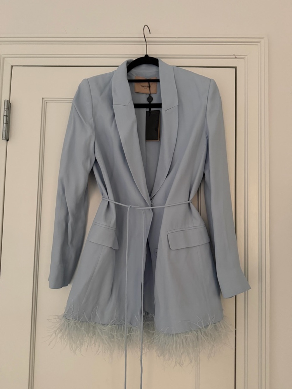 Light Blue Feather-Trimmed Belted Blazer Jacket